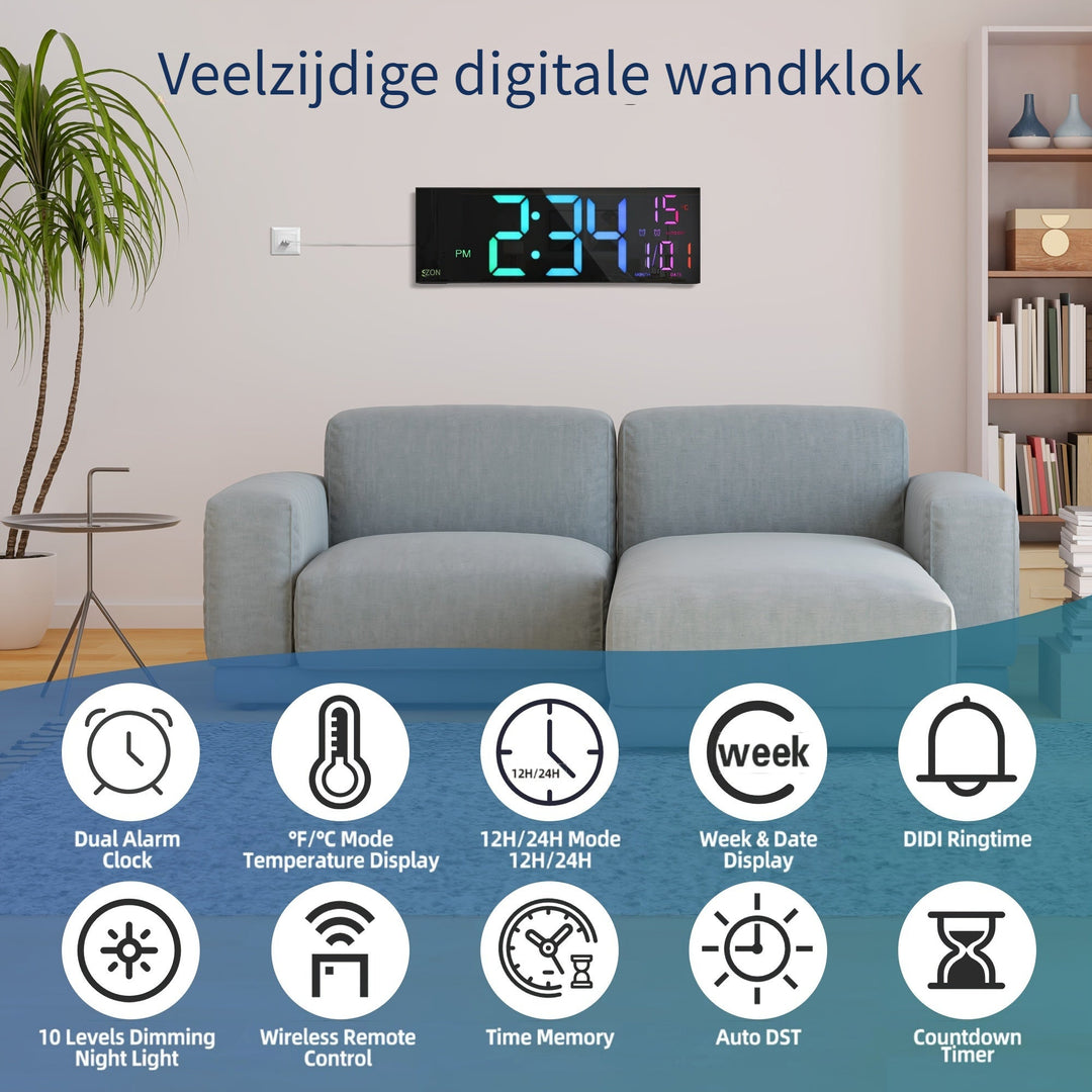 Horloge murale numérique LED facile à lire, grand écran multicolore pour cuisine ou chambre.