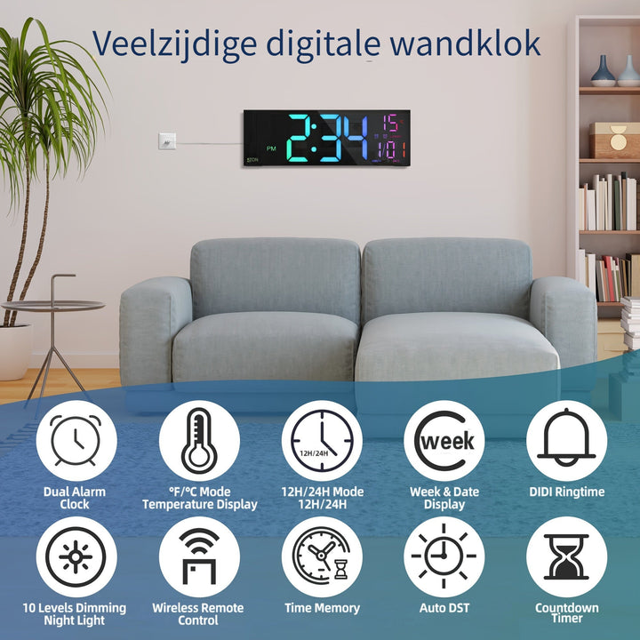 Horloge murale numérique LED facile à lire, grand écran multicolore pour cuisine ou chambre.