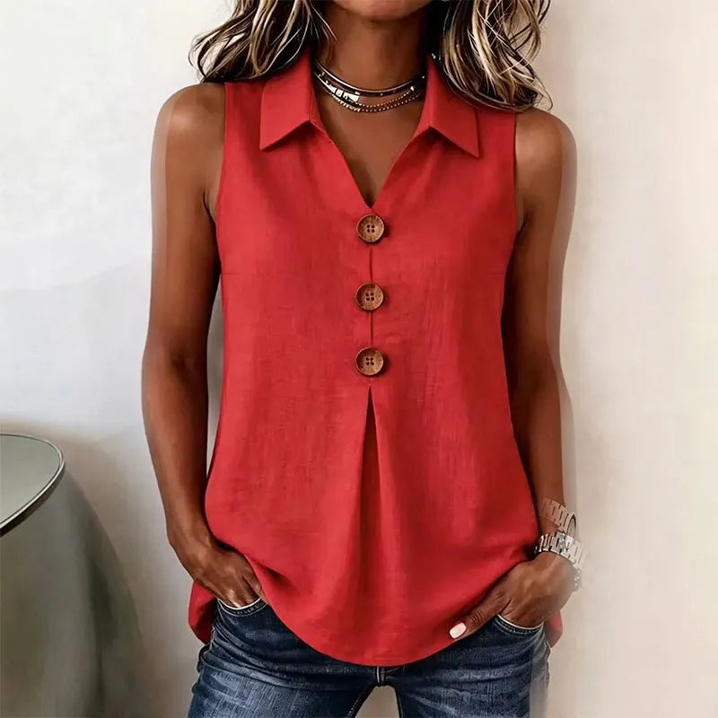 Chemise boutonnée sans manches en coton pour femme, tissu respirant, élégance estivale légère et chic.