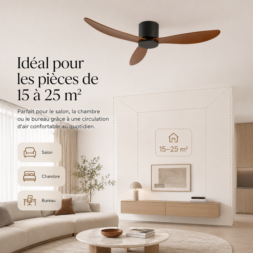 Vue rapprochée du ventilateur Virellona silencieux, pales design pour un rafraîchissement optimal.