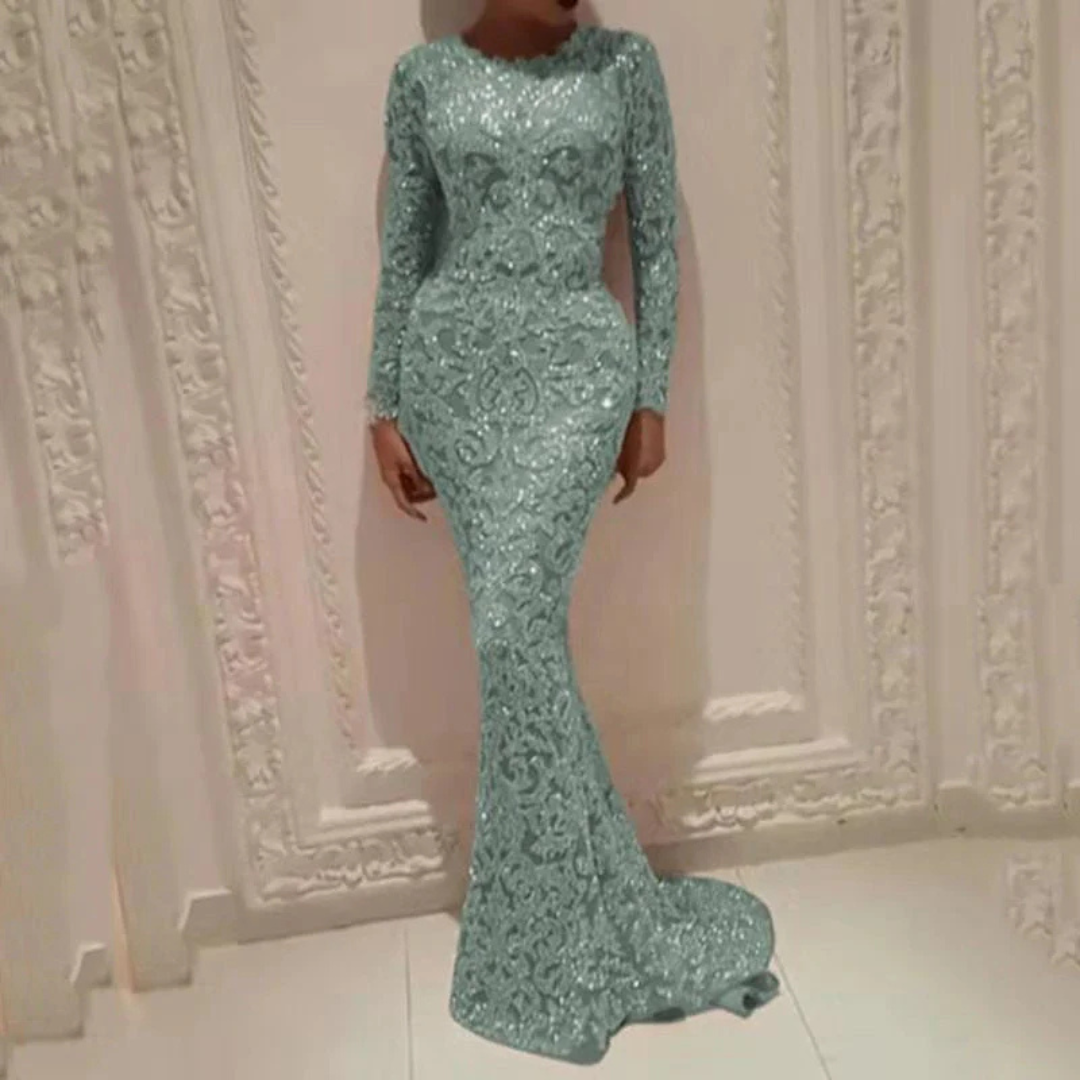 Magnifique robe maxi sirène pailletée or/vert à manches longues pour femme, idéale pour fêtes élégantes et mariages.