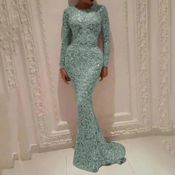 Magnifique robe maxi sirène pailletée or/vert à manches longues pour femme, idéale pour fêtes élégantes et mariages.