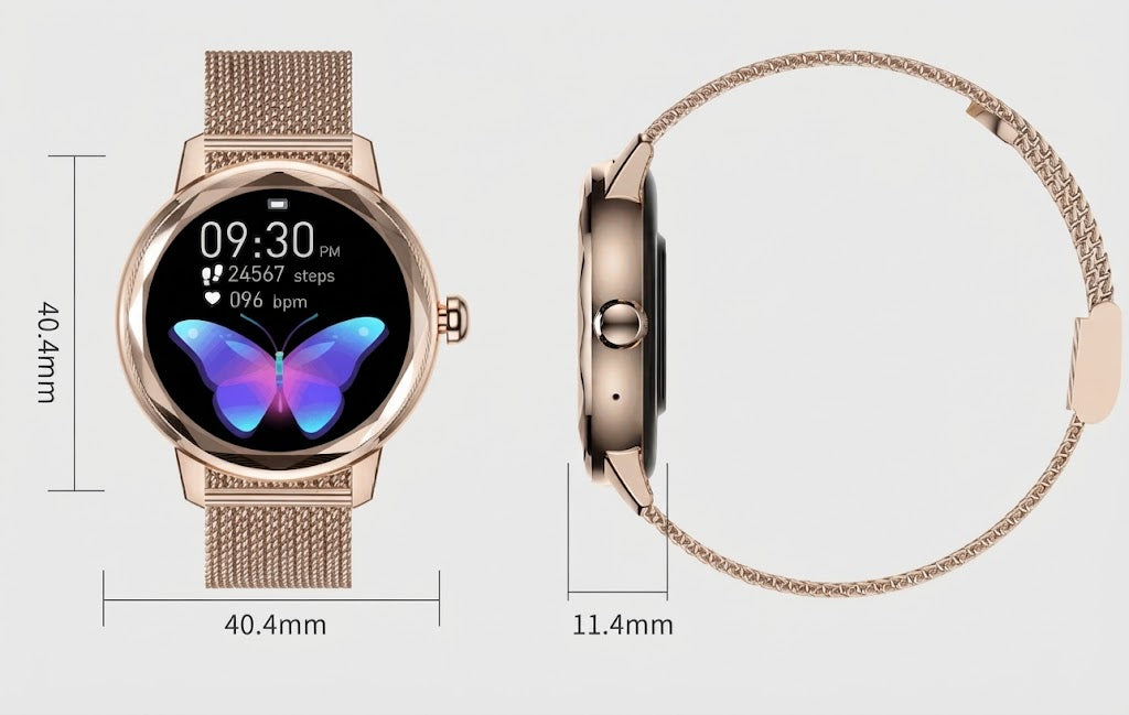 Montre intelligente femme élégante, accessoire mode personnalisable. Idéale bien-être et suivi d'activité.