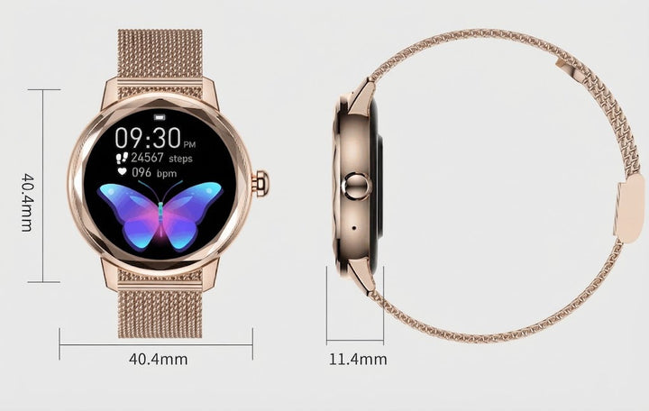 Montre intelligente femme élégante, accessoire mode personnalisable. Idéale bien-être et suivi d'activité.