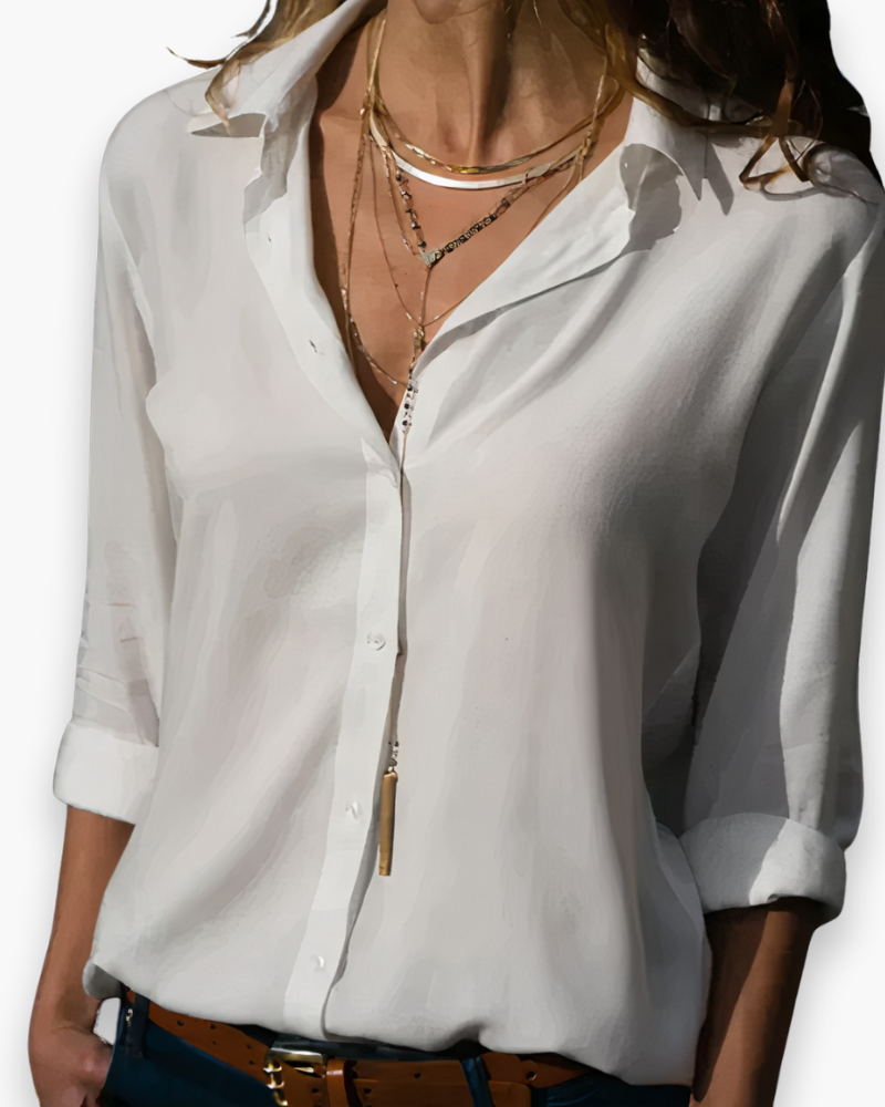 Chemisier femme élégant à manches longues, chic et polyvalent pour bureau ou tenue décontractée.