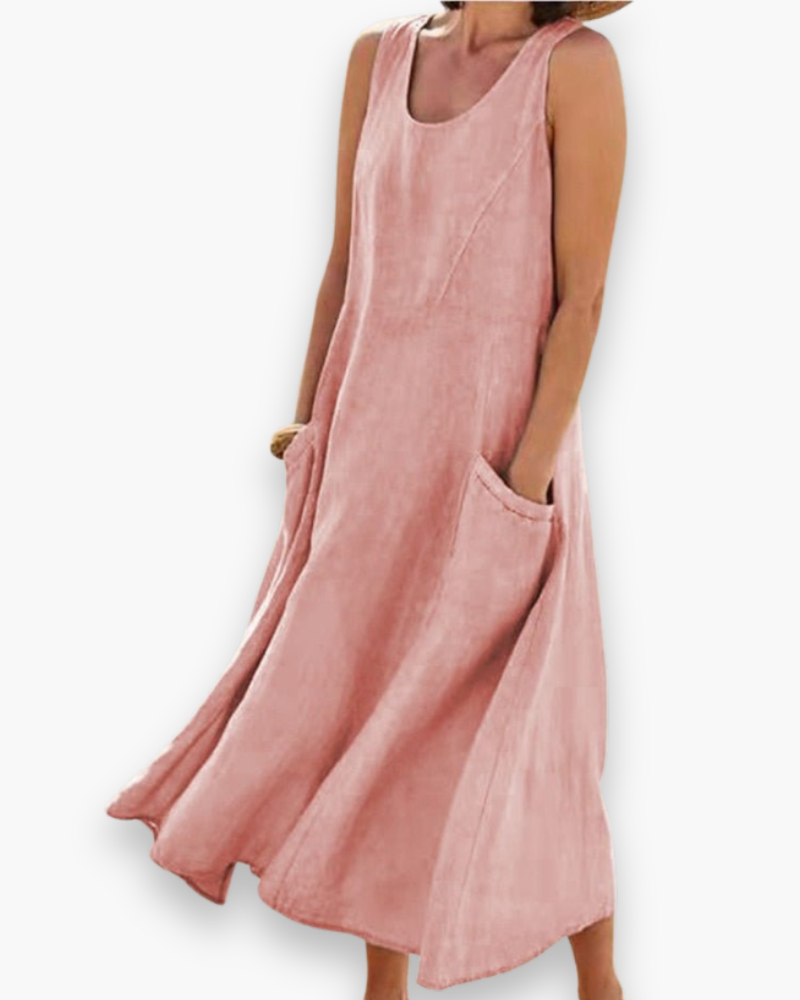 Robe d'été femme, coupe midi décontractée mais élégante, aérée et très confortable, parfaite pour toutes occasions estivales.