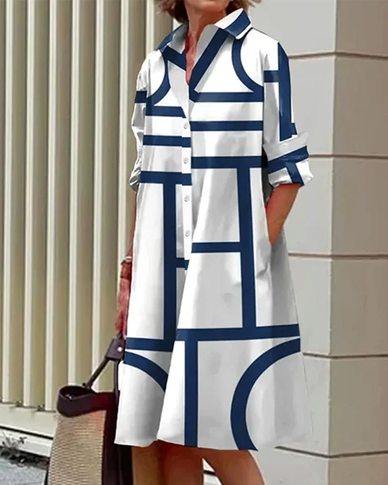 Robe décontractée femme avec poches, motif géométrique moderne, style chic et confortable au quotidien.