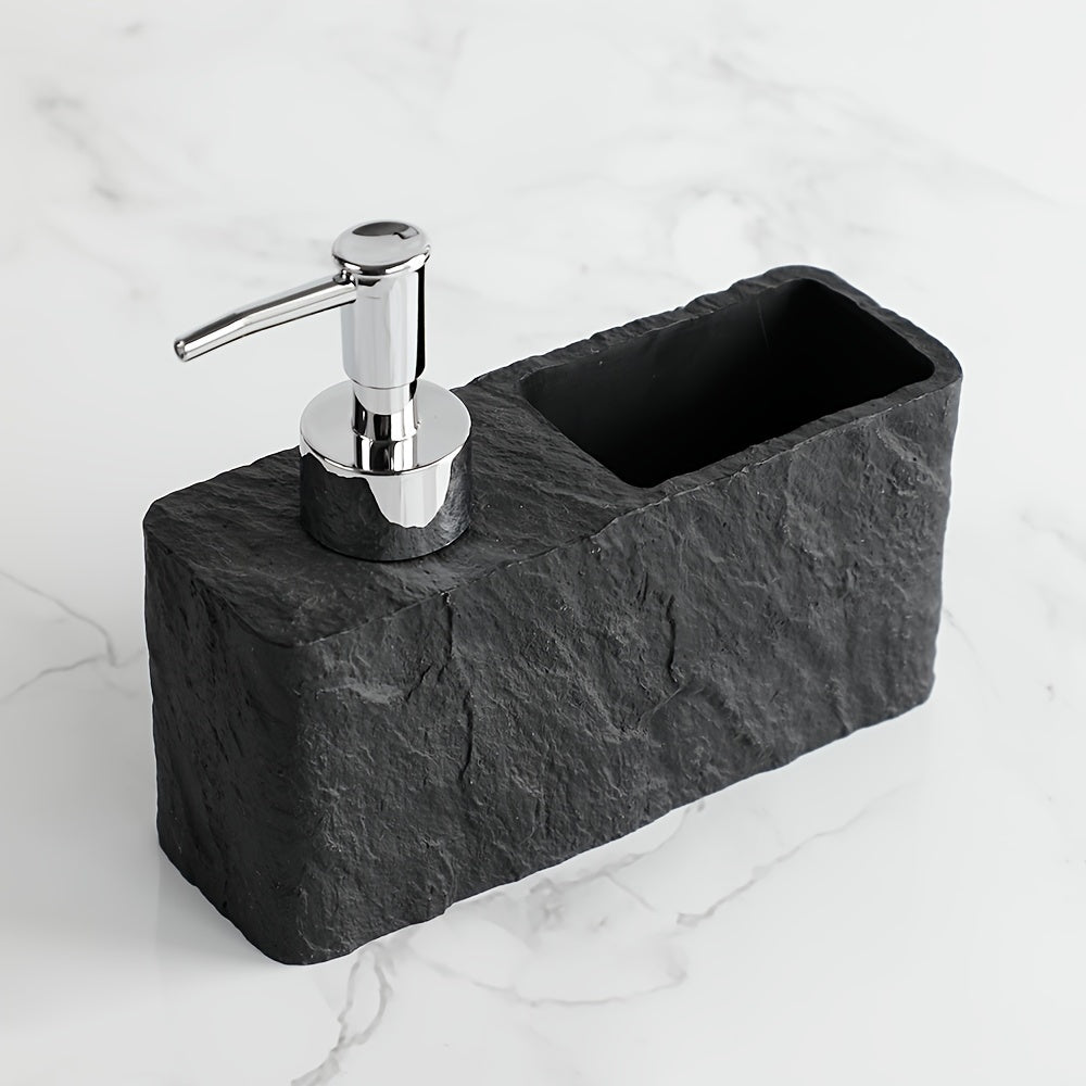 Distributeur de savon en pierre avec support éponge intégré, parfait pour la cuisine ou la salle de bain. Design moderne.