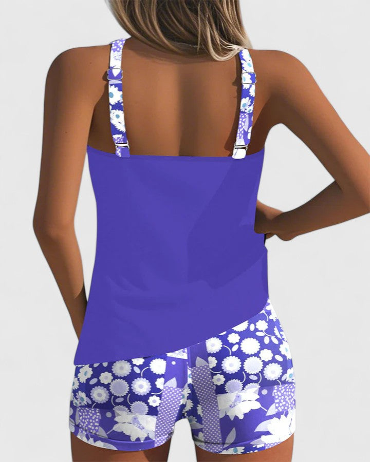 Tankini femme confort: Deux pièces, top uni, short floral. Parfait pour la plage, piscine et sport aquatique.