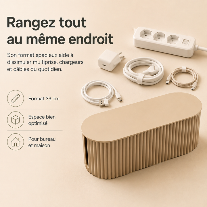Cache câbles design, parfait pour ranger les fils électriques sous le bureau.