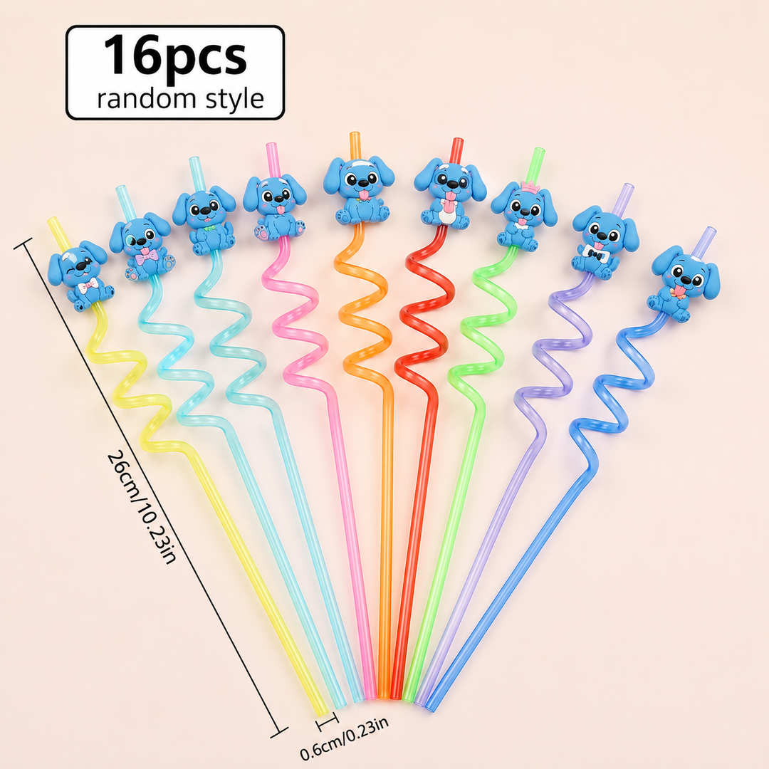 Pailles réutilisables Stitch colorées, durables et écologiques, idéales pour les boissons des fêtes d'enfants.