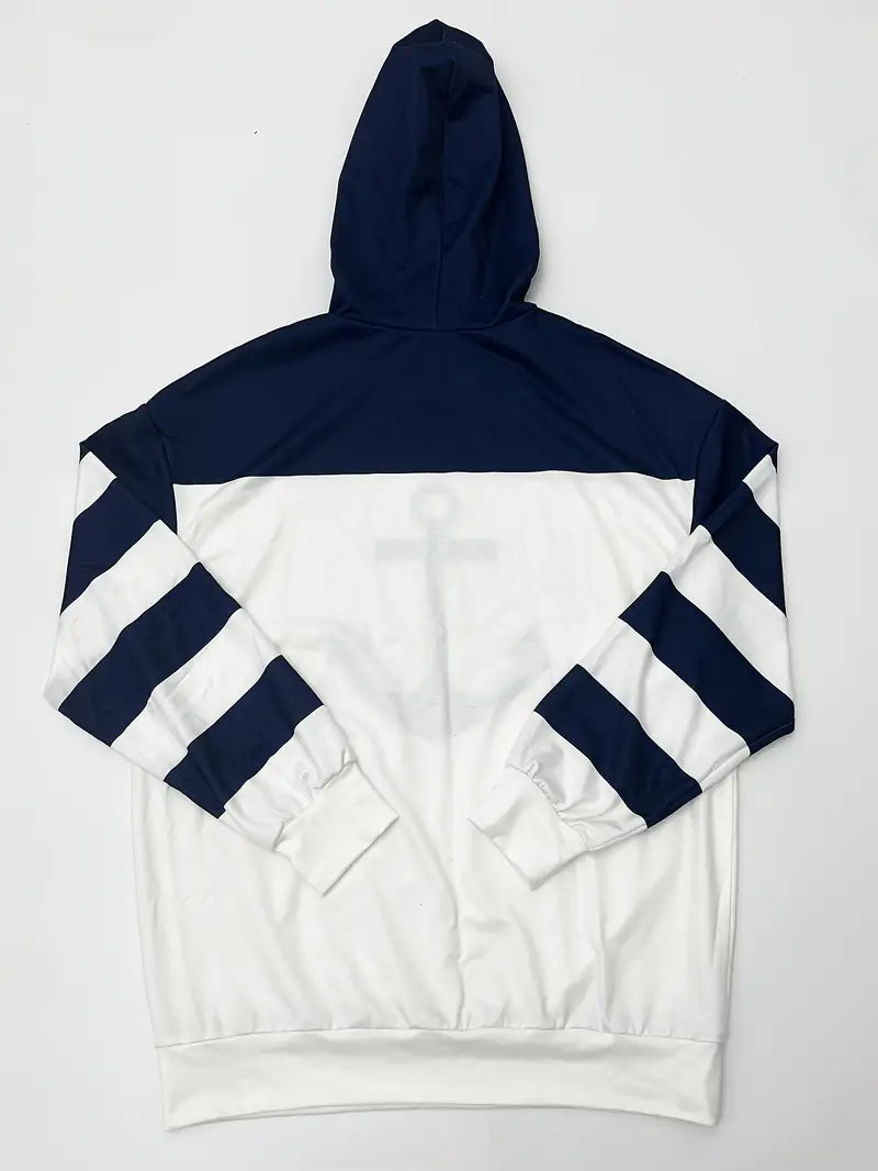 Hoodie confortable unisexe à thème nautique avec ancre stylisée, idéal pour printemps/automne. Mode casual.