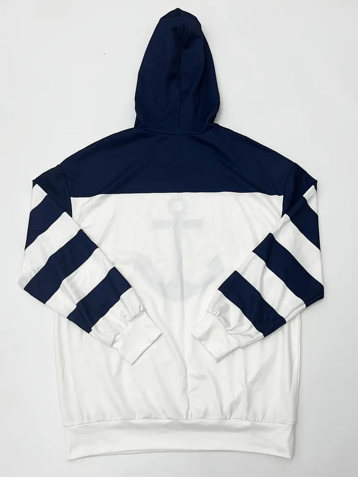 Hoodie confortable unisexe à thème nautique avec ancre stylisée, idéal pour printemps/automne. Mode casual.