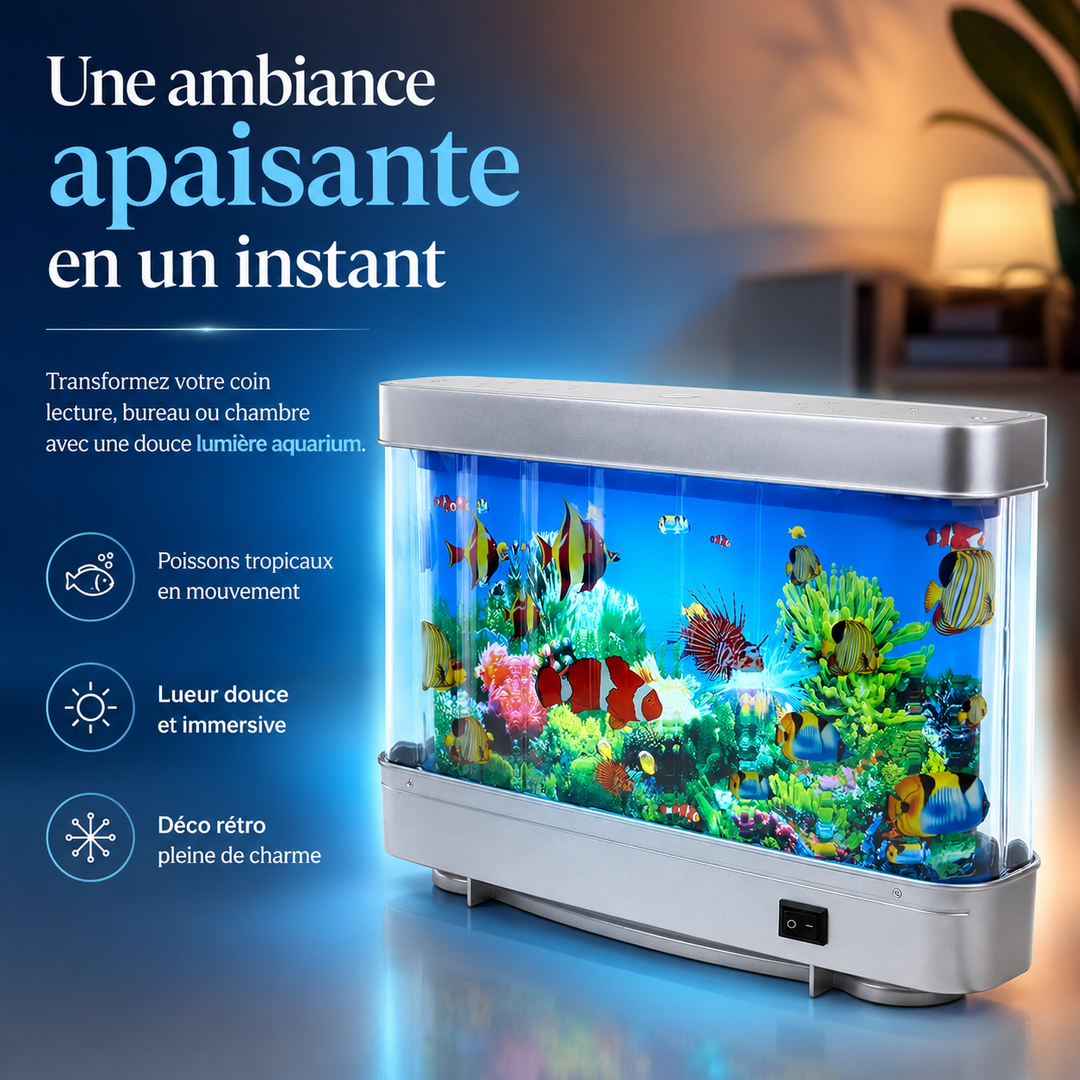 Lampe AquaDream aquarium LED créant ambiance relaxante, poissons artificiels et luminosité réglable pour chambre/salon.