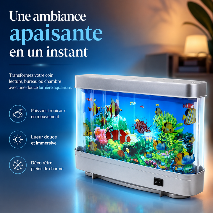 Lampe AquaDream aquarium LED créant ambiance relaxante, poissons artificiels et luminosité réglable pour chambre/salon.