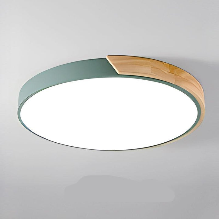 Applique plafond nordique bois, lampe LED circulaire pour un éclairage chaleureux.