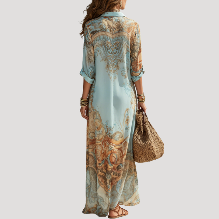 Maxi robe chemise femme imprimée, coupe fluide, idéale pour l'été et les vacances, look décontracté chic.