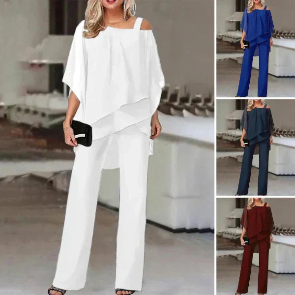 Ensemble femme deux pièces fluide, haut et pantalon. Vêtement moderne et confortable, idéal pour une soirée chic.