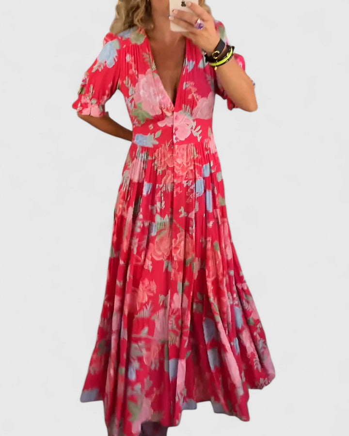 Robe longue fleurie élégante pour femme avec col V, parfaite pour l'été décontracté ou chic.