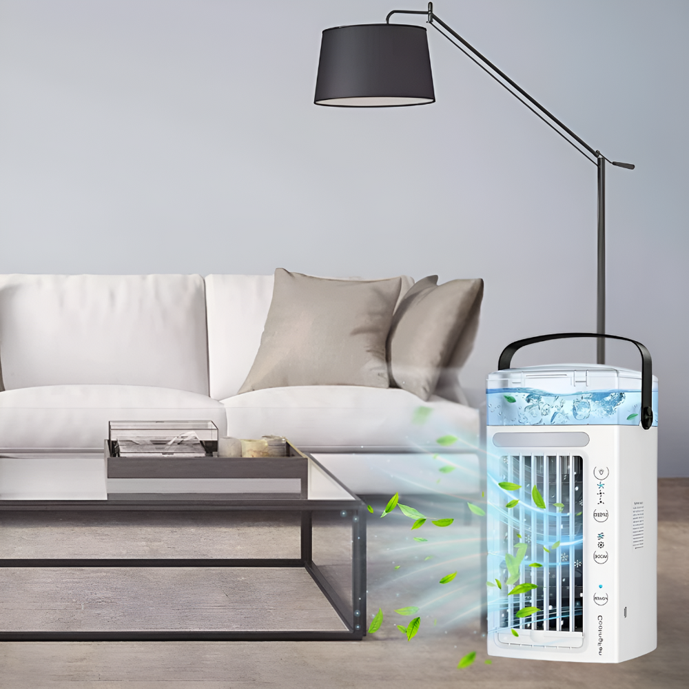Rafraîchisseur d'air portable 3-en-1: ventilateur, brumisateur et climatiseur personnel pour l'été.