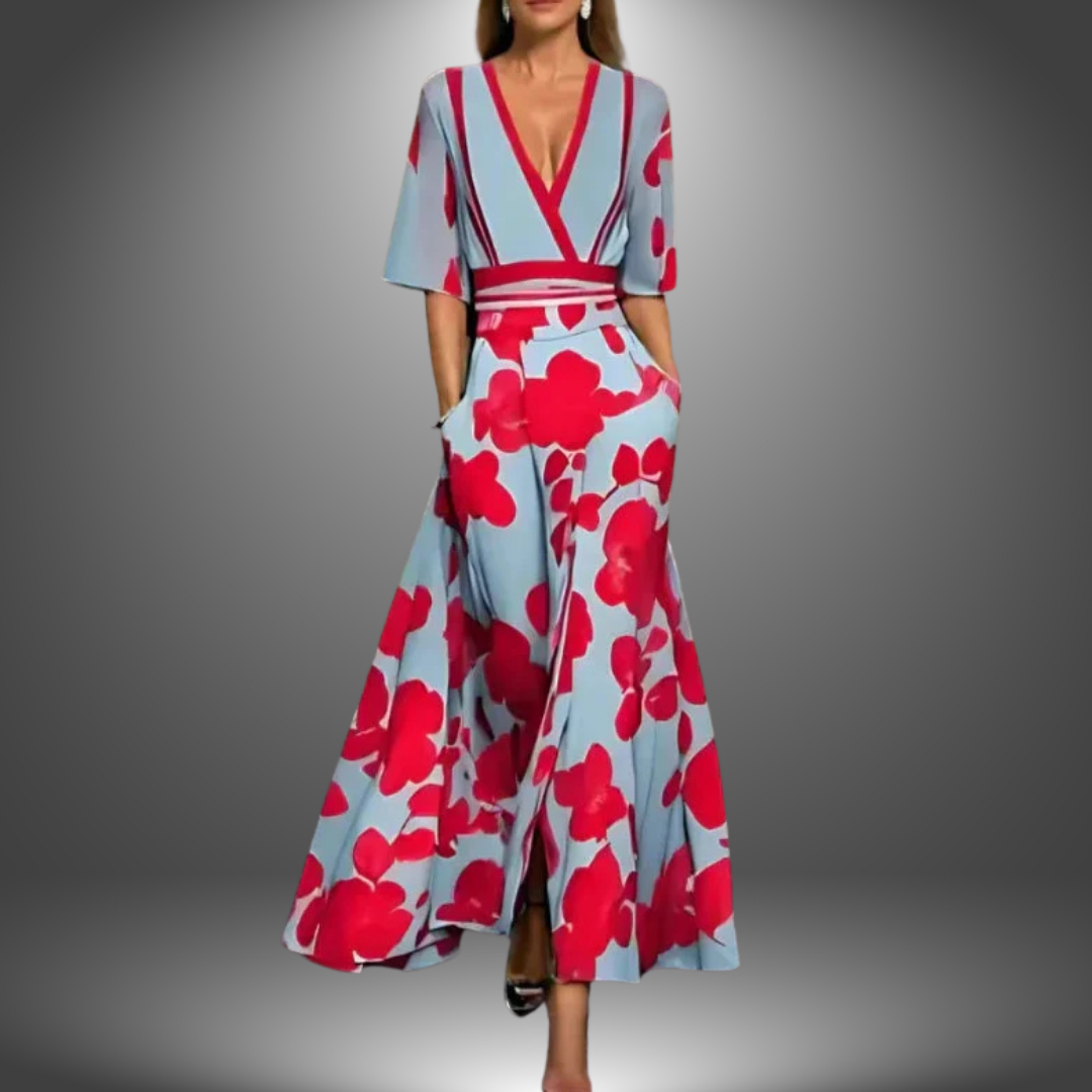 Robe longue fleurie femme, col V, idéale pour l'été ou le printemps. Élégance décontractée et motif floral chic.