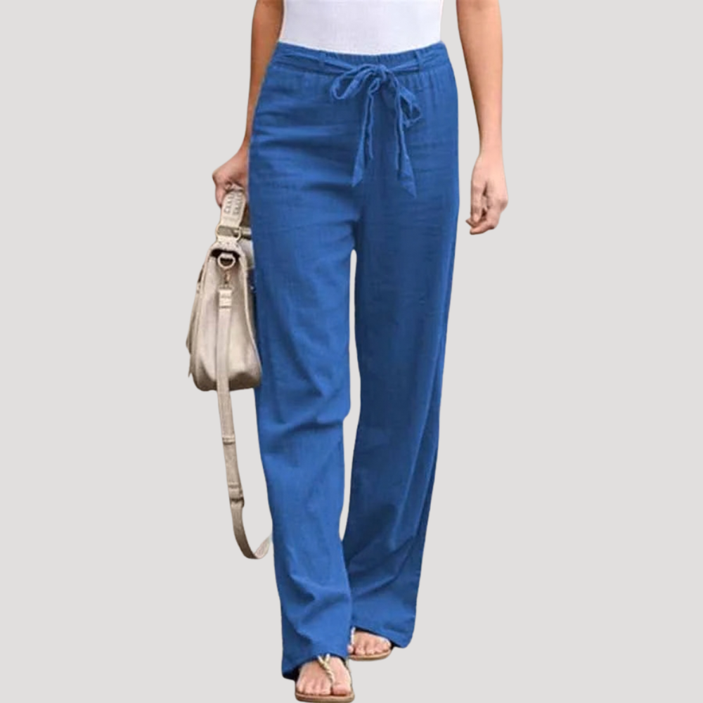 Pantalon femme respirant en lin pour l'été. Sa coupe droite offre confort et élégance décontractée.