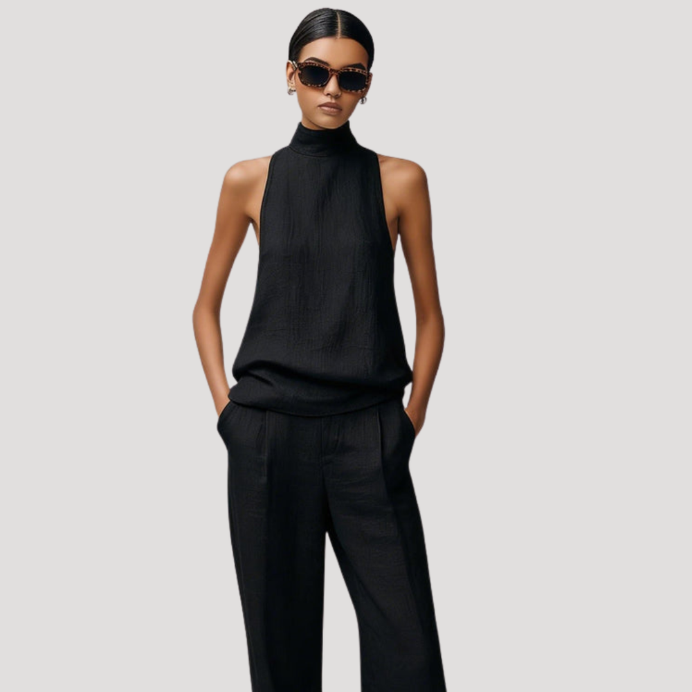 Top sans manches femme élégant, pièce maîtresse d'une tenue coordonnée chic. Parfait pour un style moderne et polyvalent.