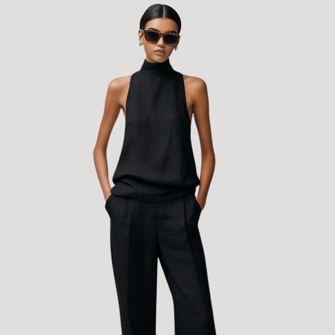 Top sans manches femme élégant, pièce maîtresse d'une tenue coordonnée chic. Parfait pour un style moderne et polyvalent.