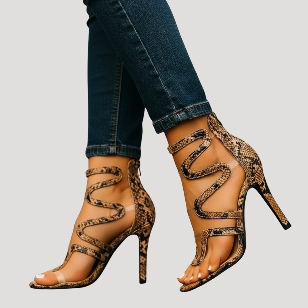 Nu-pieds femme à talons aiguille, lanières serpentin, chaussures de soirée chic pour mode printemps été.