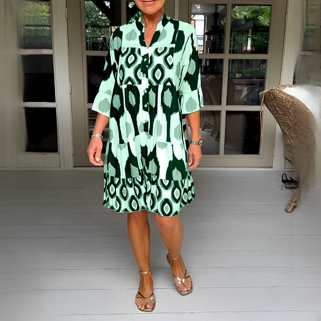 Mini-robe d'été femme confortable et décontractée, à motif, manches 3/4, parfaite pour les vacances.