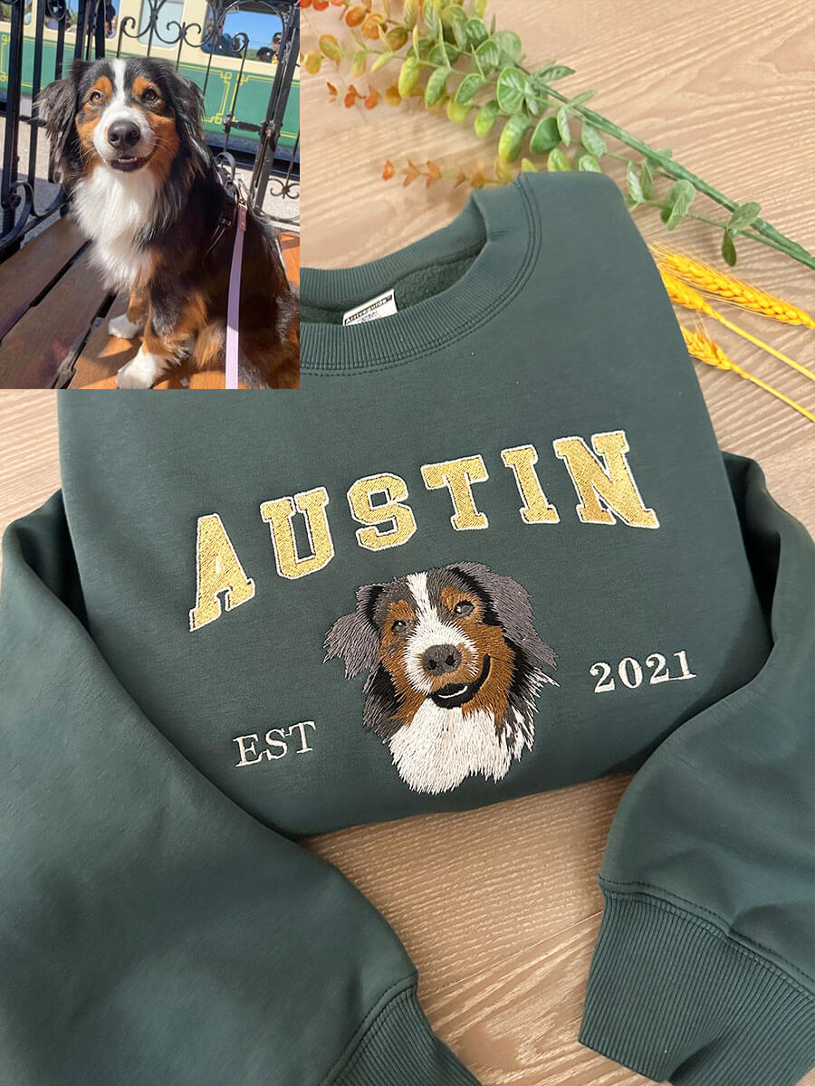 Sweatshirt brodé personnalisé avec portrait d'animal, un cadeau unique et mémorable pour tout propriétaire d'animal.