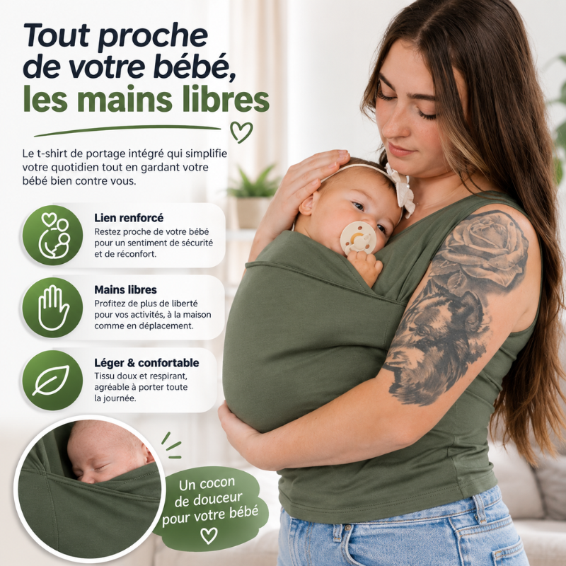 Porte-bébé intégré au t-shirt, mains libres pour parents actifs. Confort bébé et soutien doux.