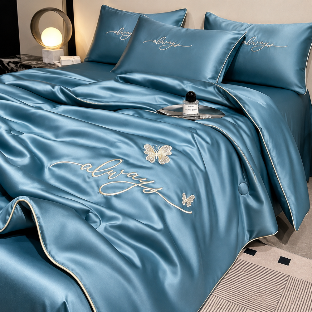 Douce couette d'été respirante effet soie, pour un sommeil confortable et frais.