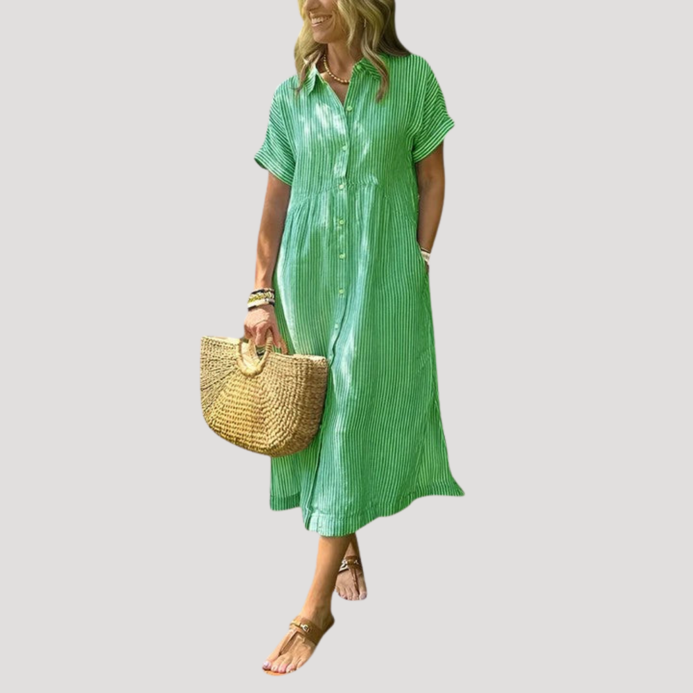 Mode femme: Robe midi fluide rayée col chemise, parfaite pour une tenue élégante ou décontractée, style printanier.