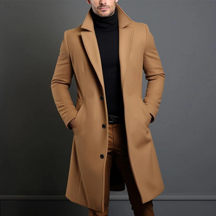 Manteau homme élégant et chaud, coupe classique durable, idéal pour hiver, mode masculine formelle ou décontractée.