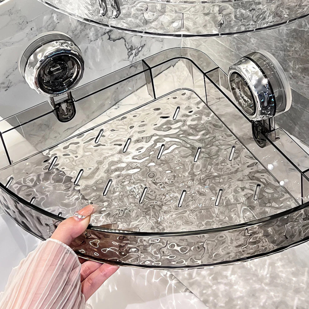 Étagère murale OptiShelf triangle argent en acrylique pour douche, rangement salle de bain sans perçage par ventouse.