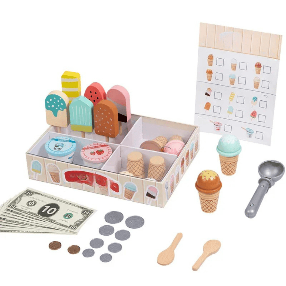 Comptoir de glaces en bois réaliste et ses accessoires, parfait pour créer sa propre boutique de desserts.
