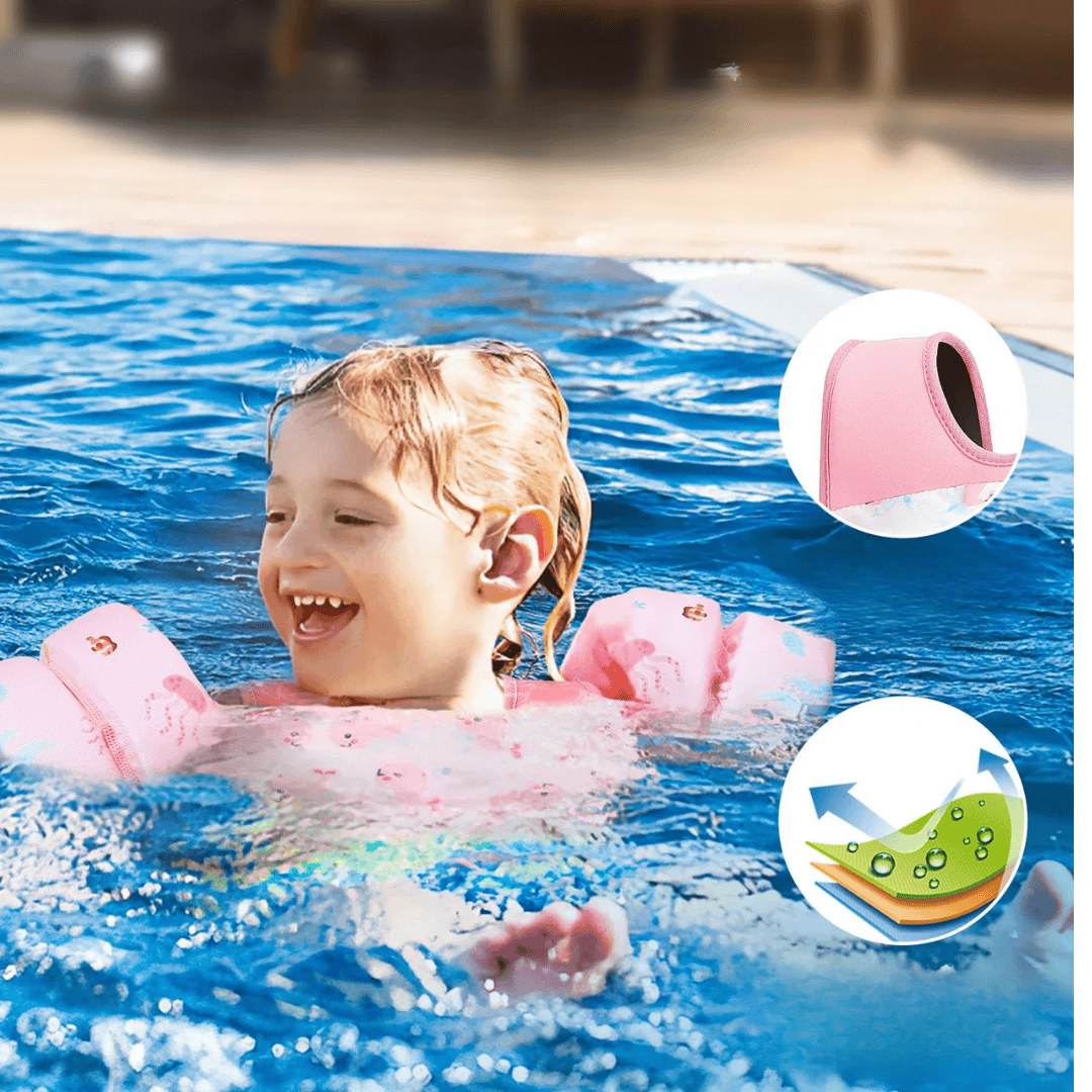 Équipement de natation enfant: gilet flottaison et brassards intégrés, pour apprendre à nager en toute confiance.