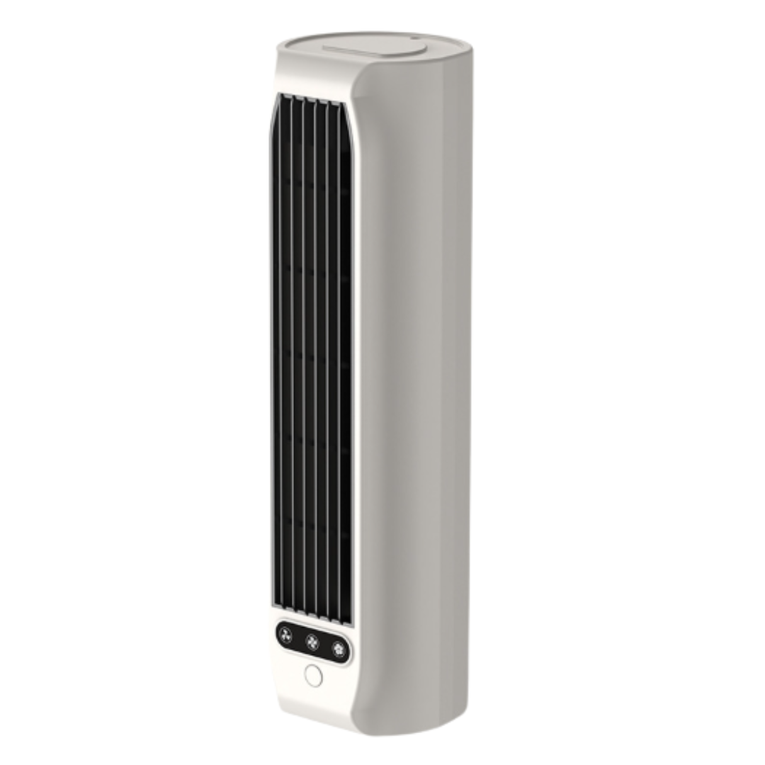 Ventilateur colonne sans fil avec 12h d'autonomie, design blanc et gris, parfait pour l'été.