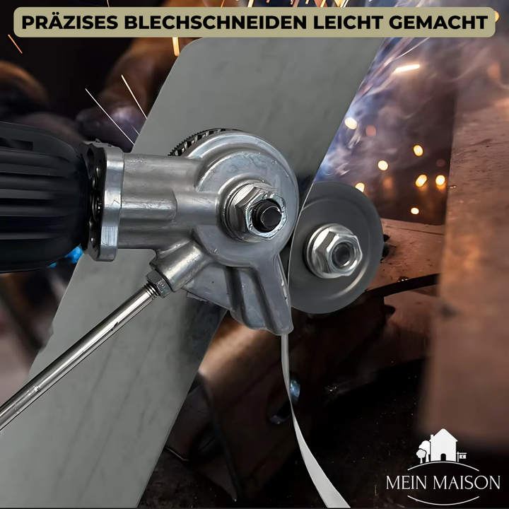 Outil de découpe métal pour perceuse en action, cisaille précise pour tôles, bricolage facile et sûr.