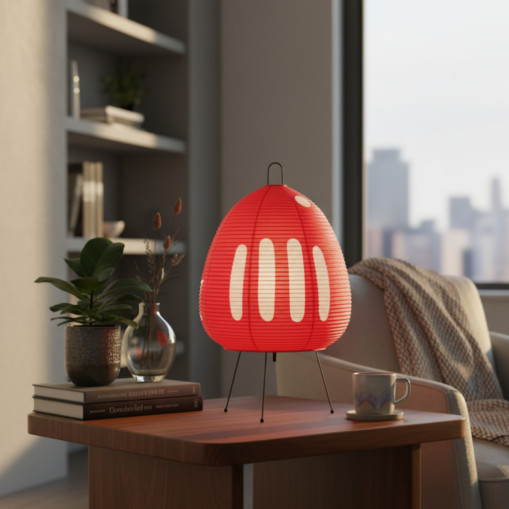 Luminaire de table en papier de riz, style Japandi, lumière douce et décorative.