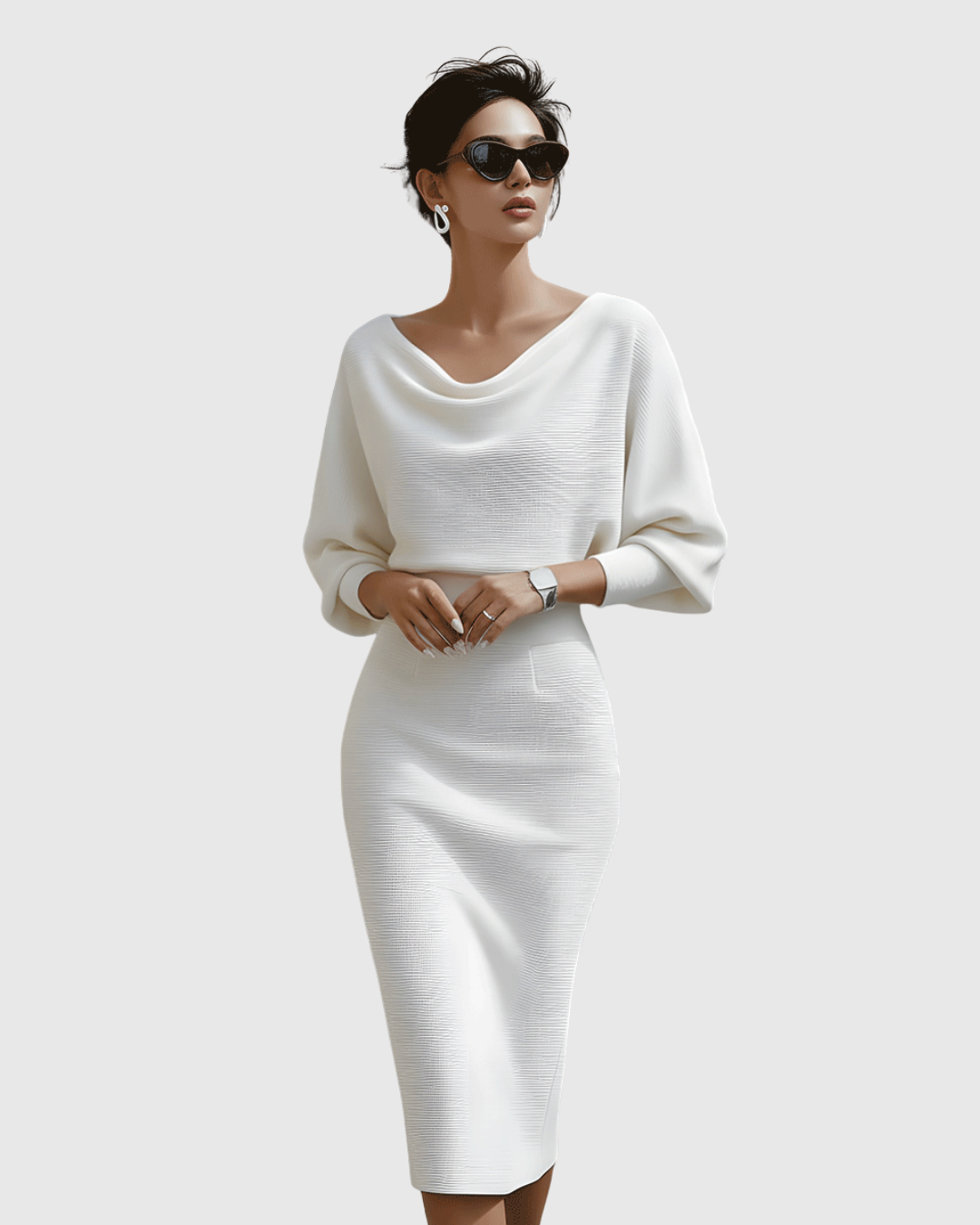 Robe midi drapée pour femme, alliant élégance et confort. Silhouette fluide et chic, idéale pour la soirée.