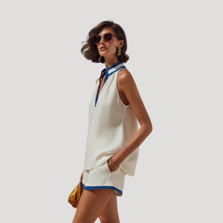 Tenue estivale: haut sans manches mode et short femme confortable, idéal pour les vacances décontractées.