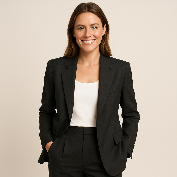 Vue complète d'un tailleur femme en coton élégant, veste et pantalon slim pour événements.