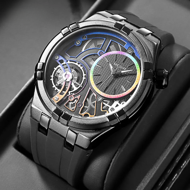 Montre automatique homme avec bracelet en silicone confortable et cadran ouvert. Horlogerie élégante pour lui.