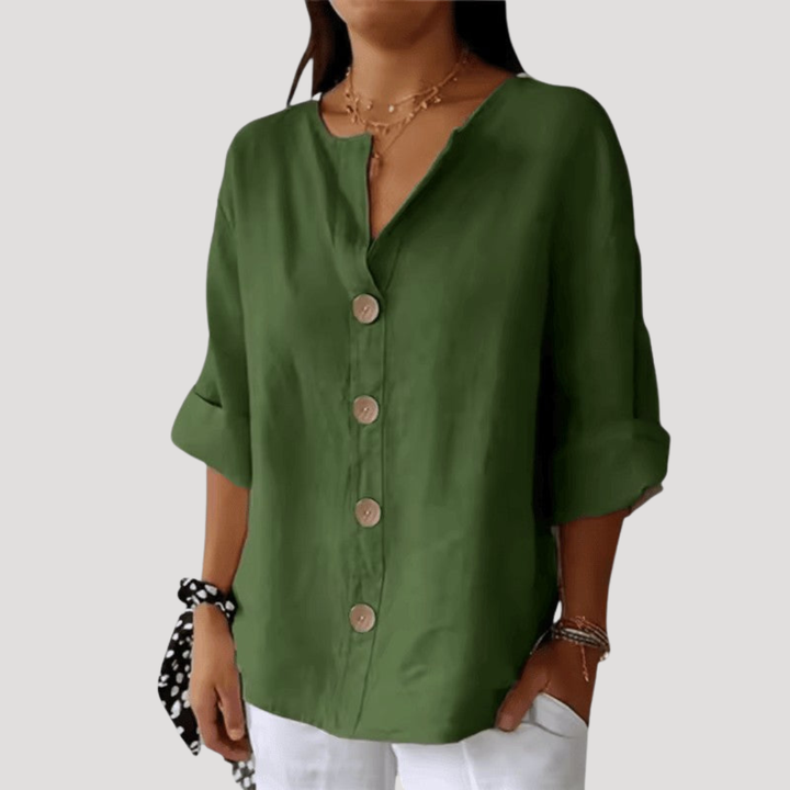 Blouse femme confortable et élégante, col V, à boutons. Idéale pour un look polyvalent du printemps à l'automne.