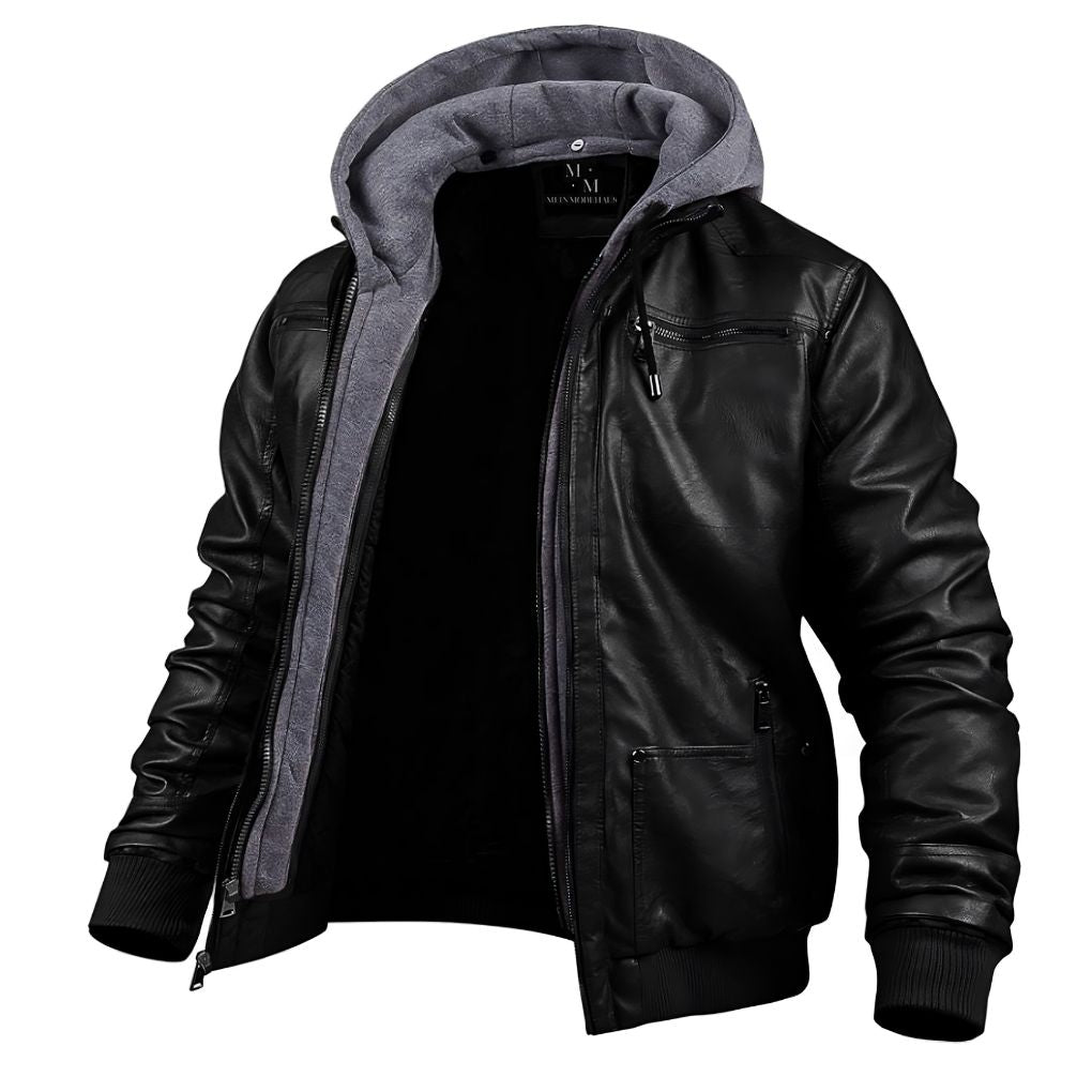 Élégante veste d'hiver en cuir pour homme, avec capuche et doublure chaude, parfaite pour la mode masculine urbaine.