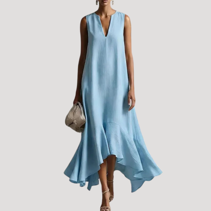 Superbe robe longue fluide asymétrique sans manches pour femme, avec volants, parfaite tenue d'été.