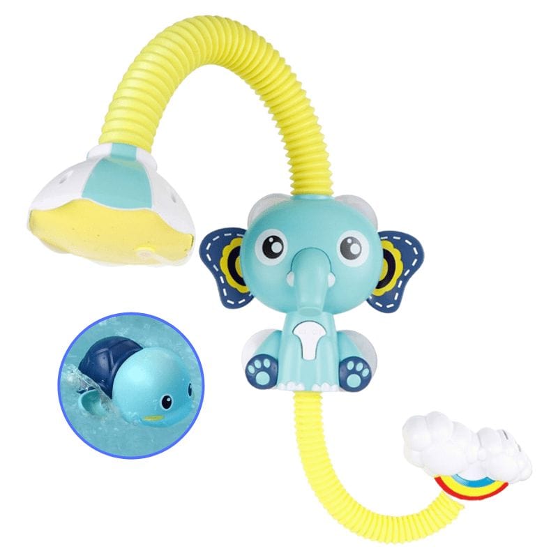 Bébé joyeux jouant avec une douchette de bain éléphant, jouet d'eau pour enfant, rendant le bain relaxant et amusant.