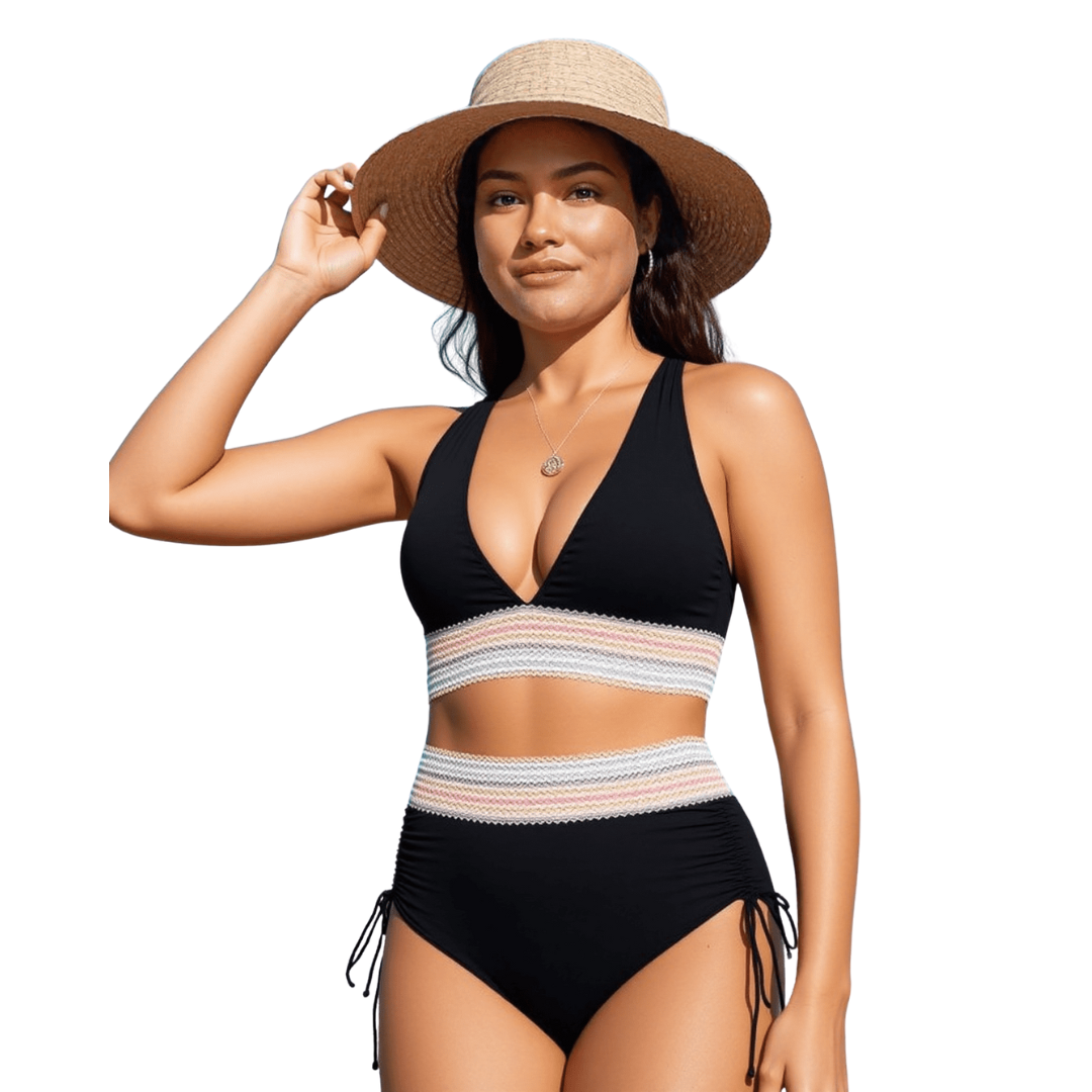 Profil du maillot de bain bikini femme taille haute, élégance et effet sculptant subtil sur mesure.
